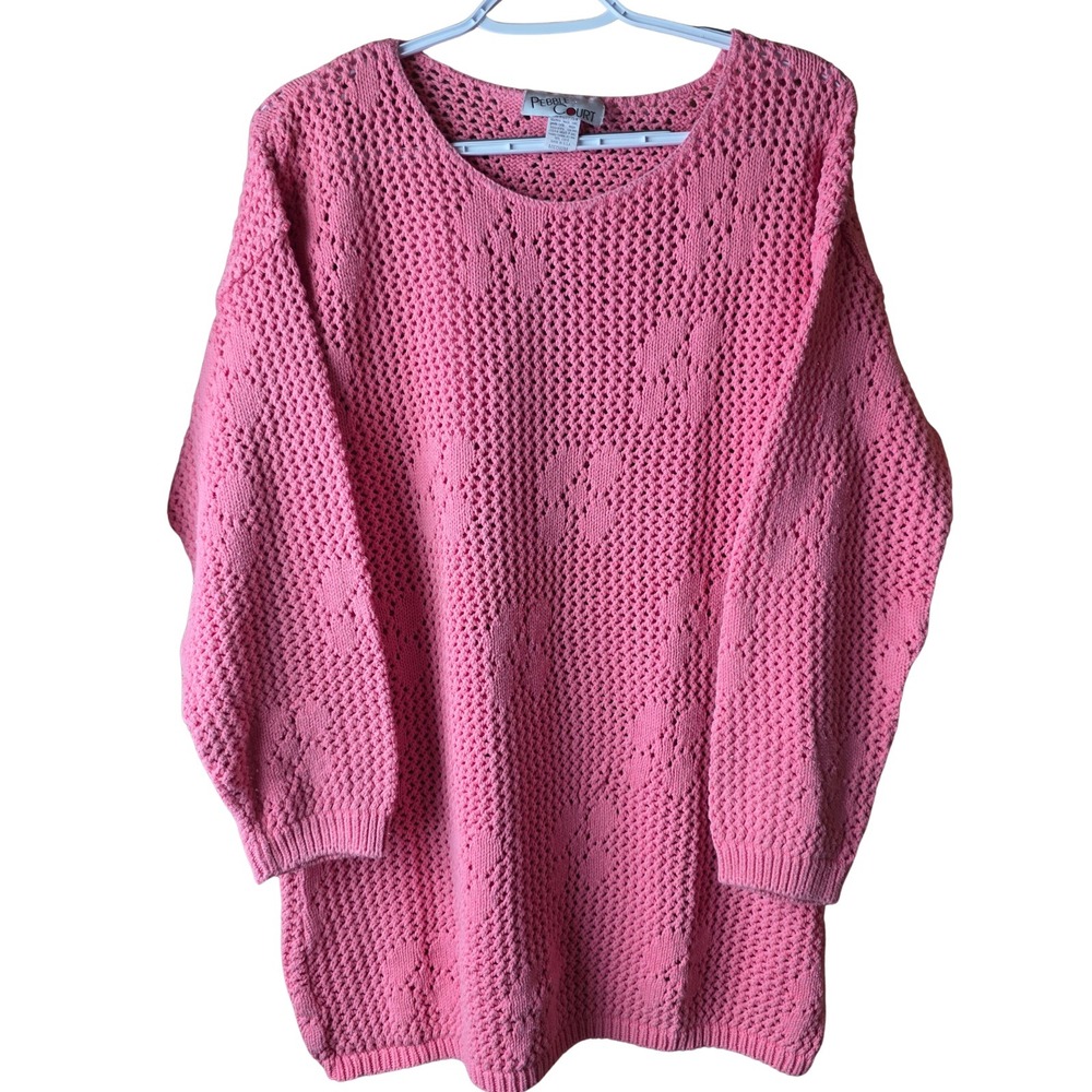 Pebble Court Pink Open Knit Cotton Sweater Womens L Oversized Made in USA